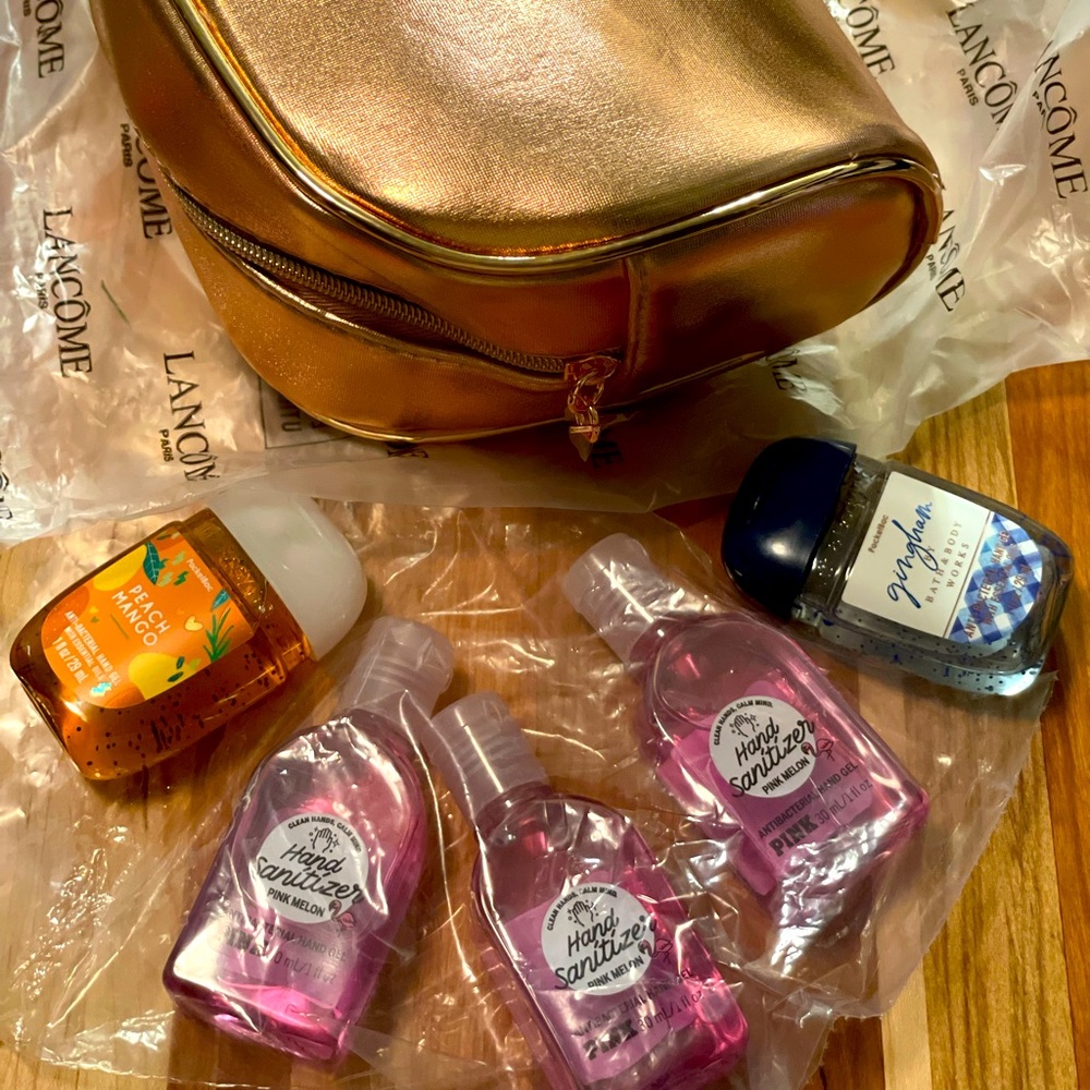 Lancôme rose gold makeup pouch with Victoria’s Secret/Bath&Body Hand Sanitizer